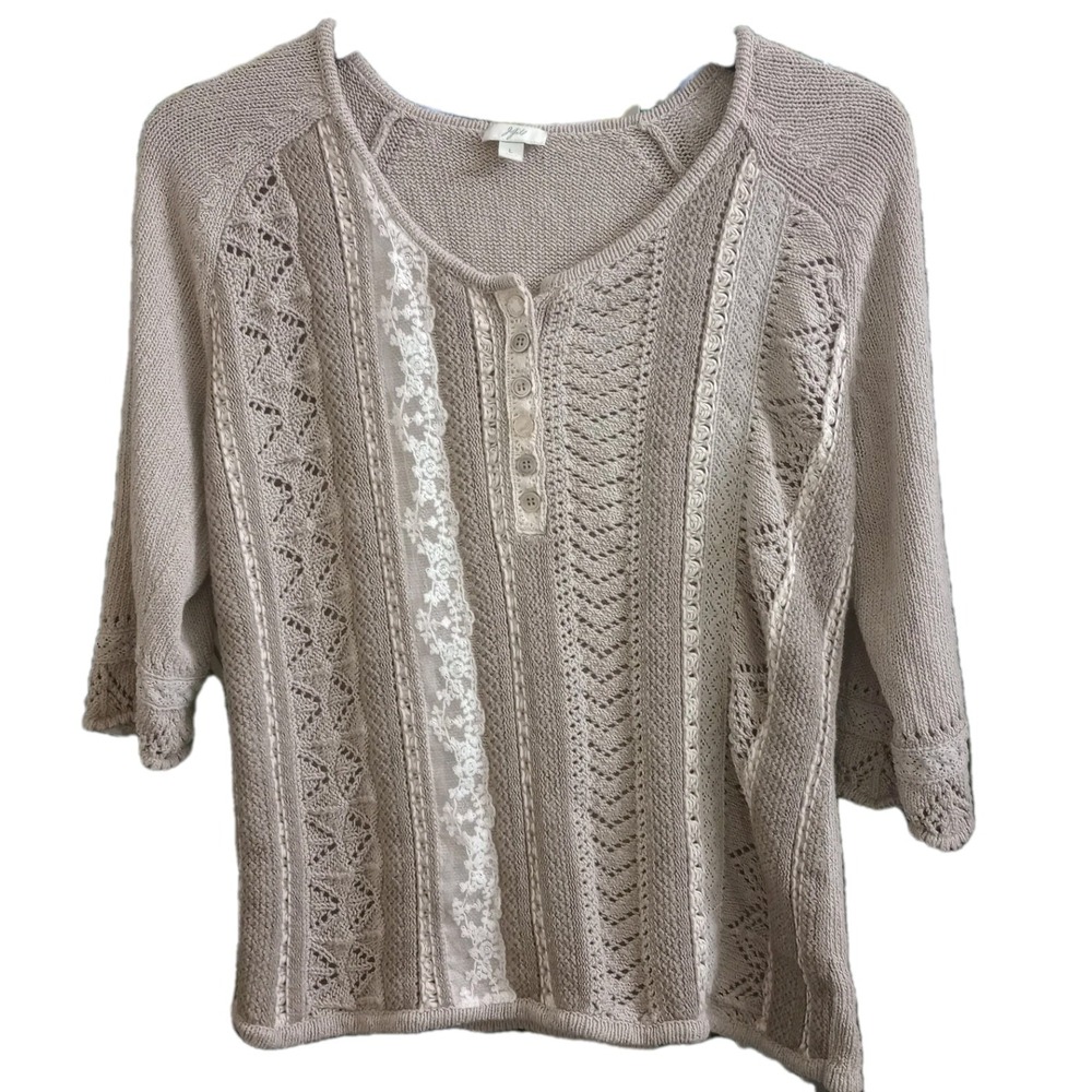 J. Jill Taupe Knit Scoop Neck Sweater with Lace Trim